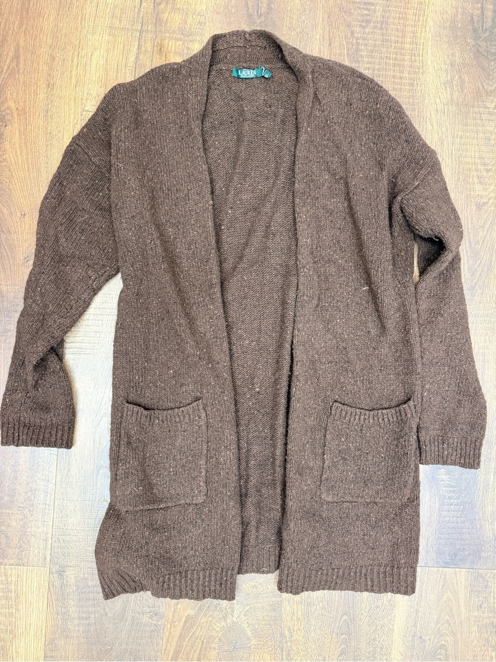 Ralph Lauren Brown Open-Front Pocket Knit Cardigan
